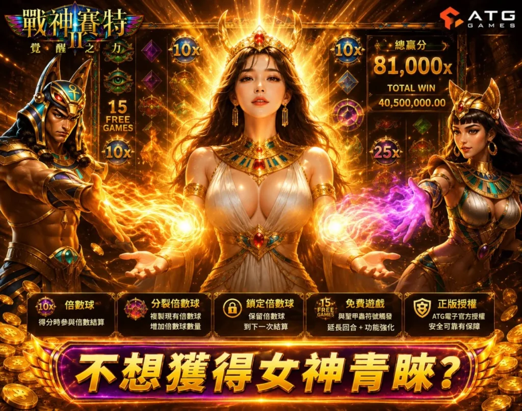 ATG賽特2覺醒之力展示倍數球、分裂倍數球與免費遊戲玩法的古埃及主題爆分畫面